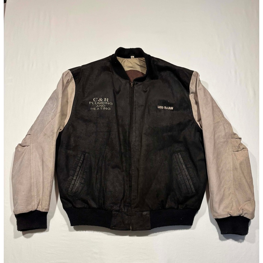 Vintage Weil-McLain C&R Plumbing Leather Varsity‎ Bomber Jacket Mens Large Black